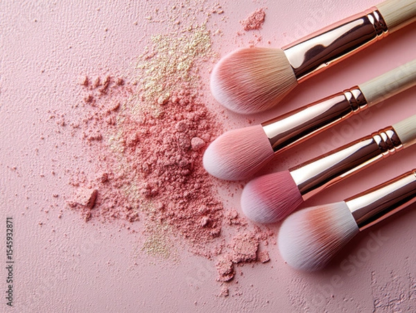 Fototapeta Makeup brushes with pink bristles and rose gold handles are arranged on textured pink surface with scattered pink and gold powder, creating soft and elegant aesthetic