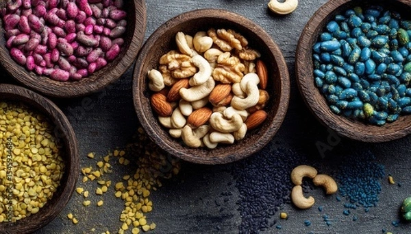 Fototapeta Overhead shot of colorful beans and assorted nuts in rustic wooden bowls on a dark surface; vibrant hues and textures
