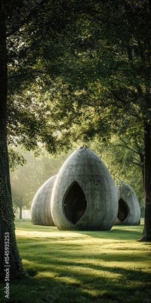 Fototapeta Three large, egg-shaped concrete structures nestled in a sun-dappled park setting, partially obscured by overhanging trees