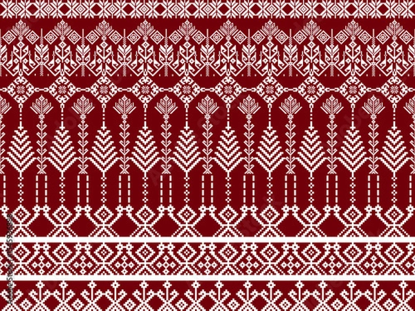 Fototapeta Traditional red and white textile pattern featuring intricate geometric and floral motifs in a repetitive symmetrical design.