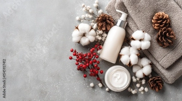 Fototapeta A flatlay of skincare products, including a pump bottle and jar, nestled amongst cotton, pine cones, and red berries on a textured grey surface, beside a folded towel