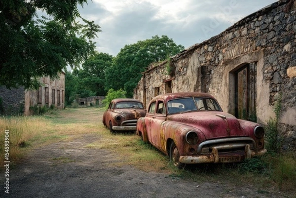 Fototapeta Two rusty vintage cars sit abandoned in a overgrown courtyard of crumbling stone buildings under a cloudy sky