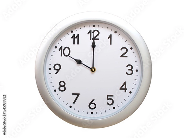 Fototapeta Round Silver Wall Clock Showing 10:00 or 22:00 Isolated-White. Useful for concepts like noon, midnight, deadline, countdown, or time management.