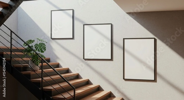 Fototapeta Modern stairway with a three-frame gallery wall mockup