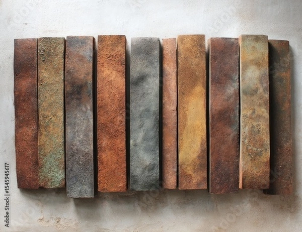 Fototapeta Eleven rectangular, earthy-toned clay tiles arranged in a row, showcasing variations in color and texture