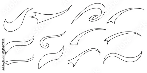 Fototapeta Baseball swoosh line tails, isolated black vector curly lines, baseball decoration. Sports swash shapes set in retro style. Swirl strokes flat vector, line art