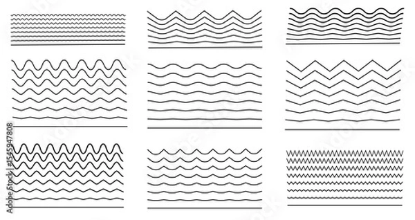 Fototapeta Set of corrugated waves, line flat vector wriggle decoration, vawes line set
