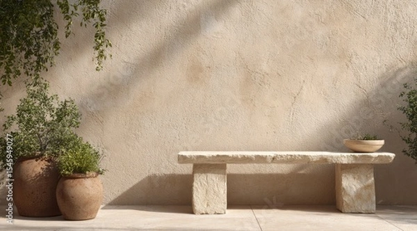 Fototapeta Sun-dappled stone bench flanked by terracotta pots overflowing with greenery against a textured beige wall