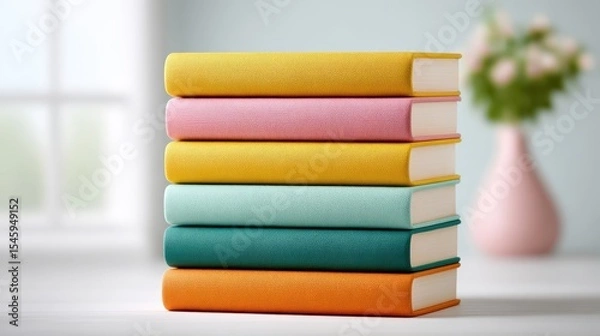 Obraz A neat stack of six hardcover books with colorful textured covers sits on a white surface near a softly blurred window and a pink vase with flowers.