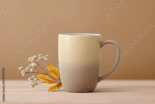 Obraz A beige ceramic mug with a handle sits on a wooden surface, accompanied by dried yellow leaves and small white flowers against a neutral brown background.