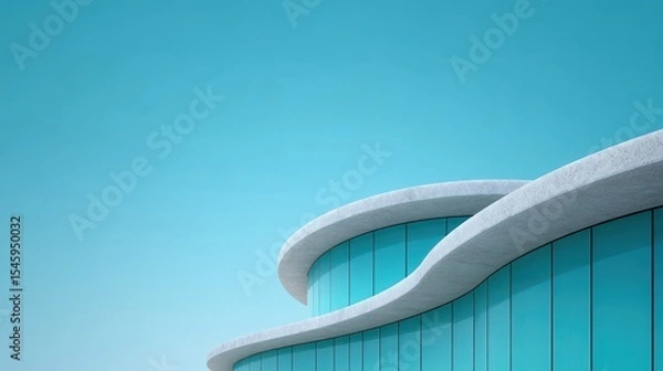Obraz A modern building with curved white concrete edges and large blue-tinted glass windows under a clear blue sky.