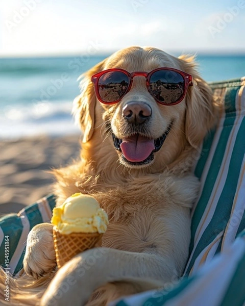 Fototapeta Dog relaxing on beach chair with ice cream and sunglasses