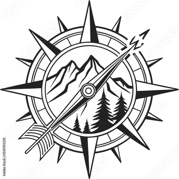 Fototapeta Black and white star and tribal skull compass vector illustration symbol for travel and direction