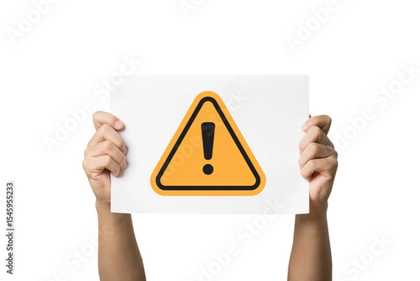 Fototapeta Hand holding white paper with yellow triangle caution warning sign for notification error and maintenance concept.