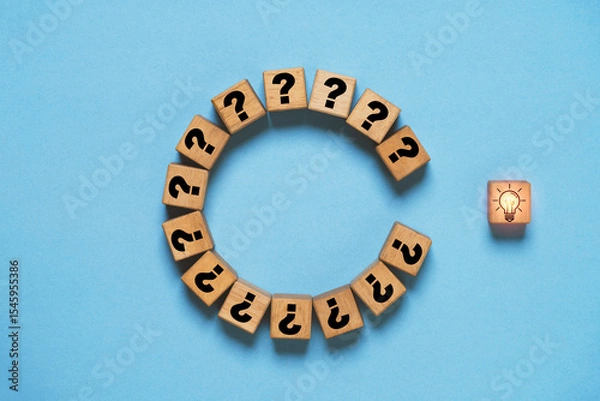 Fototapeta Glowing lightbulb move out from question mark in cycle for problem solving solution and creative thinking ideas concept.
