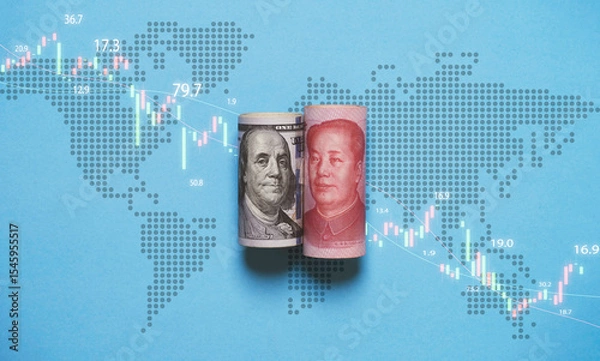 Fototapeta Rolls of USD dollar banknote and Yuan banknote on world map for United States of America and China competition in economy  technology military and tariff trade war to change world order concept.