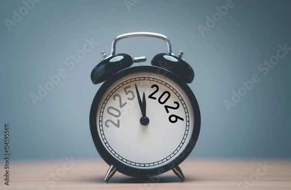Fototapeta 2025 and 2026 on black alarm clock on wooden table with copy space  for preparation of Merry Christmas and Happy new year concept.