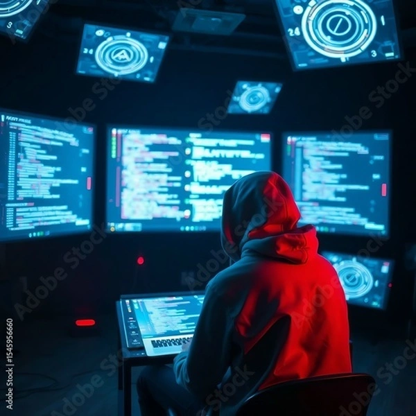 Obraz "A solo tech entrepreneur in hoodie sitting in front of multiple holographic screens in a dark room, code and AI data floating, neon glow, digital art, cinematic lighting"

