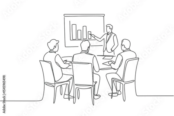 Fototapeta Line Drawing of Business Meeting with Presentation on White Background