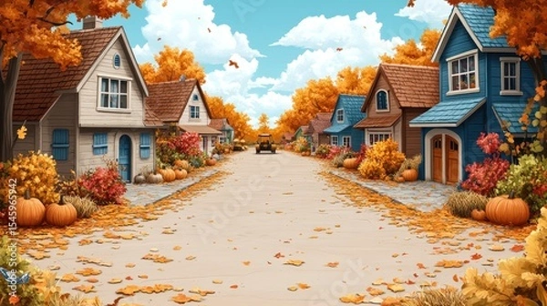 Obraz Autumnal neighborhood street scene with charming homes.