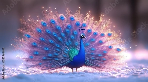 Obraz Majestic peacock with iridescent plumage in a winter wonderland.