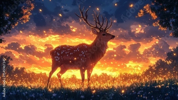 Obraz Majestic deer at sunset in a field of wildflowers.