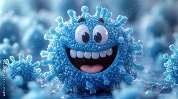 Obraz Light blue cartoon virus with a happy expression.