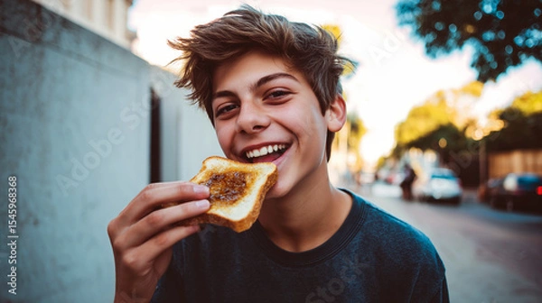 Fototapeta teen boy eating slice of yeast spread and butter spread on toast outside