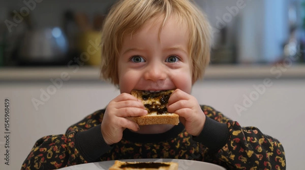 Fototapeta boy eating slice of vegemite and butter spread on toast for breakfast