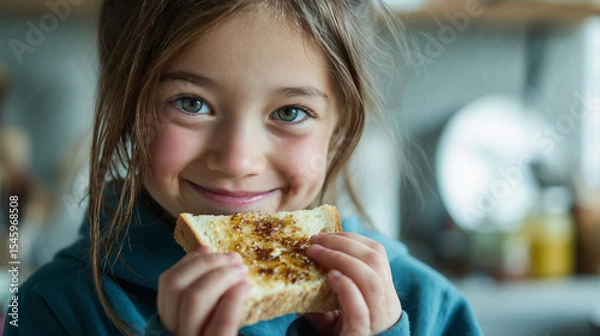 Fototapeta girl eating slice of vegemite and butter spread on toast for breakfast