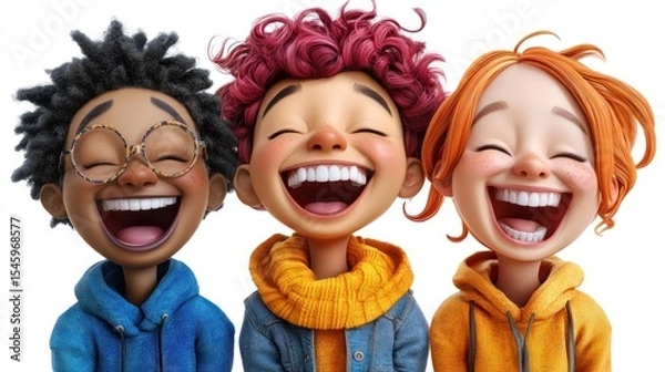 Obraz Three cartoon children joyfully laughing.