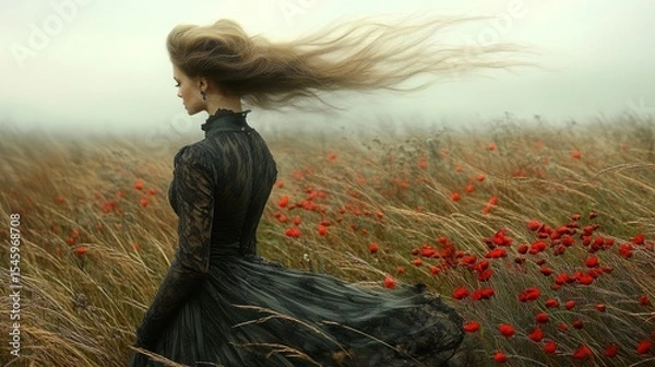 Obraz A woman in a flowing black dress amidst a field of red poppies.