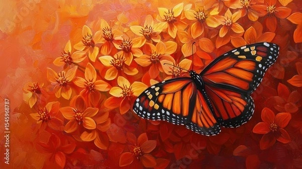 Obraz Monarch butterfly surrounded by vibrant orange flowers.
