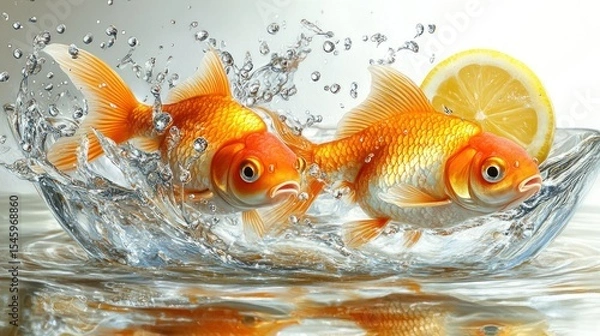 Obraz Two goldfish leaping in splashing water with a lemon.