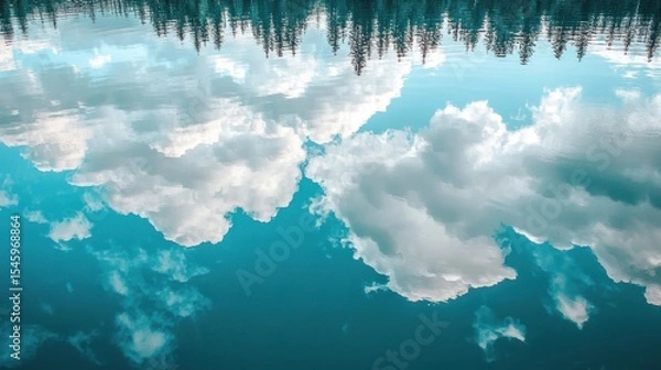 Obraz A mirrored reflection of a summer sky with fluffy clouds over a teal-colored lake.