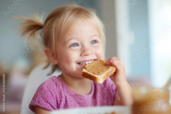 Fototapeta young child eating slice of peanut butter on toast for breakfast, allergen exposure theme