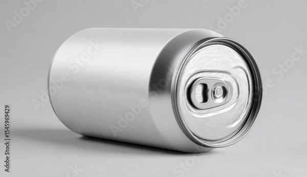 Fototapeta A sleek, silver aluminum beverage can rests on a neutral gray background, subtly angled to showcase its smooth cylindrical form and unblemished surface, featuring a slightly visible pull-tab