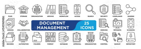 Fototapeta DOCUMENT MANAGEMENT icon collection set. Containing document,storage,archive,access,version,metadata,workflow,security,retrieval,sharing icon. Simple line vector.	