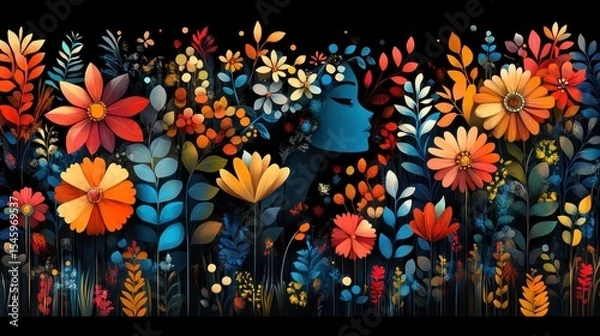 Obraz A vibrant floral illustration featuring a stylized woman's profile.