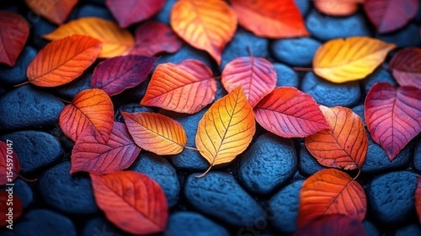Obraz Vibrant autumn leaves on dark stones.