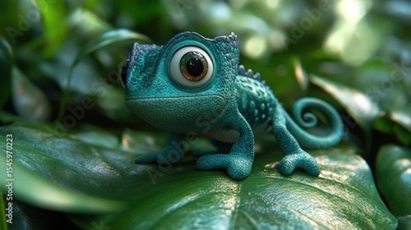 Obraz Teal chameleon on a lush green leaf.