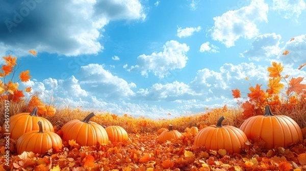Obraz Autumn pumpkins in a field under a clear sky.