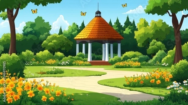 Obraz Orange gazebo in a lush park setting.
