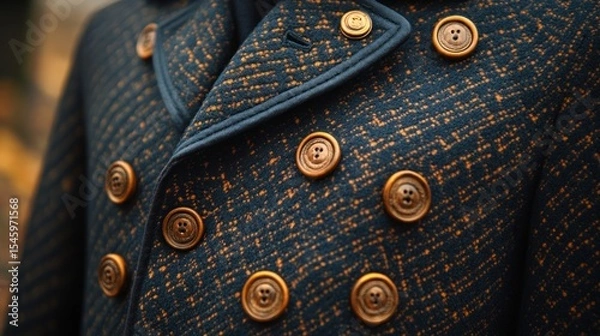 Obraz Close-up of a navy blue coat with copper-colored buttons.