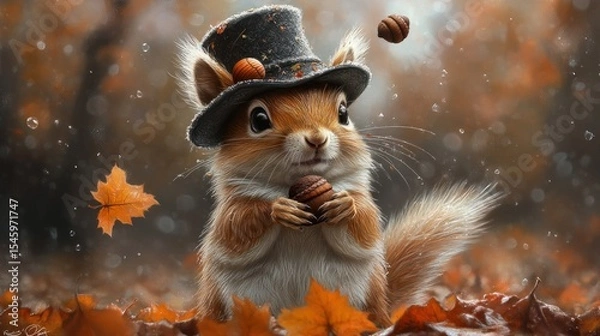 Obraz Adorable squirrel wearing a top hat in autumn foliage.