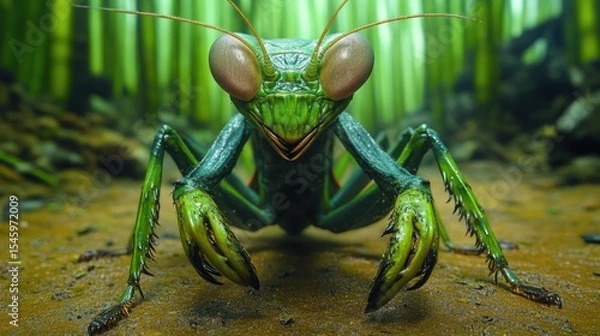 Obraz Close-up of a vibrant green praying mantis.