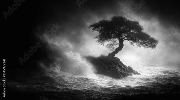 Obraz A solitary tree stands defiant amidst a stormy sea.