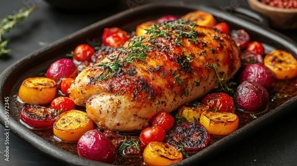 Obraz Roasted chicken breast with colorful vegetables in a pan.