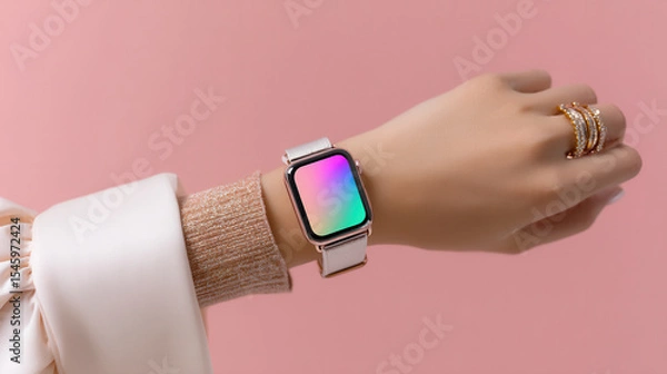 Fototapeta Stylish smartwatch with vibrant rainbow gradient display on wrist creates a modern minimalistic feel against soft pink background