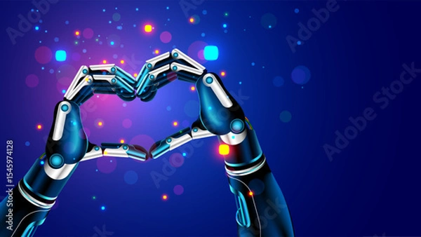 Fototapeta A cyborg or robot makes a heart gesture with his hands. The hands of the humanoid robot are folded in a heart shaped close-up. Artificial intelligence shows a gesture of love. Vector cyborg hands.